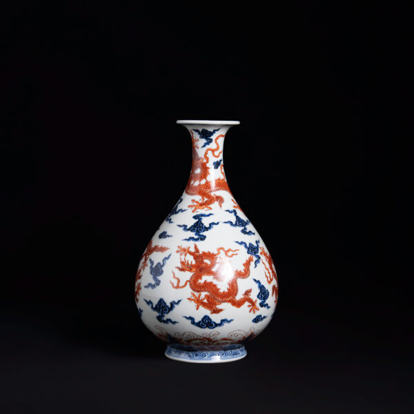 (From an Old Collection) Blue and White Porcelain Vase with Overglaze Enamel Dragon and Cloud Design