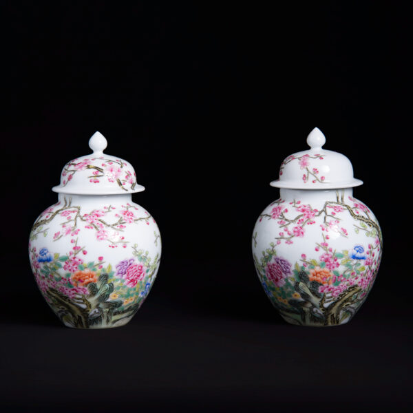 (From an Old Collection) A Pair of Famille Rose General Jars with Plum Blossom and Peony Decoration