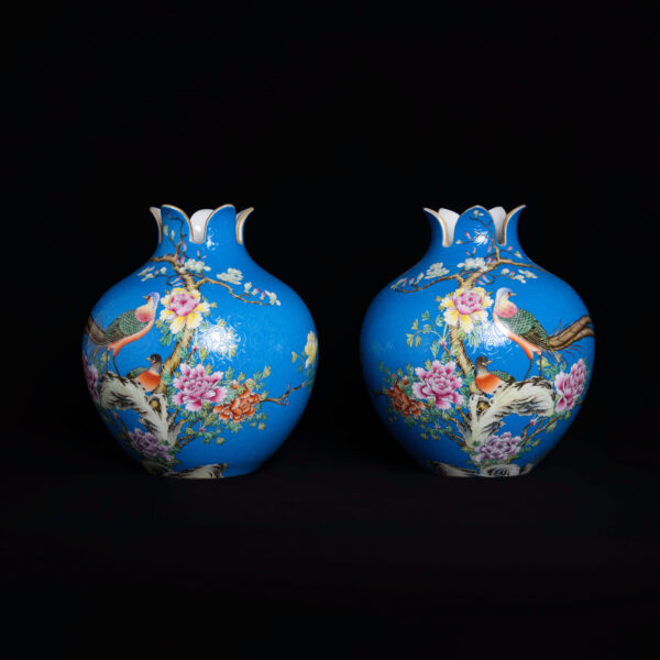 (From an Old Collection) A Pair of Famille Rose Pomegranate Vases with Floral Decoration