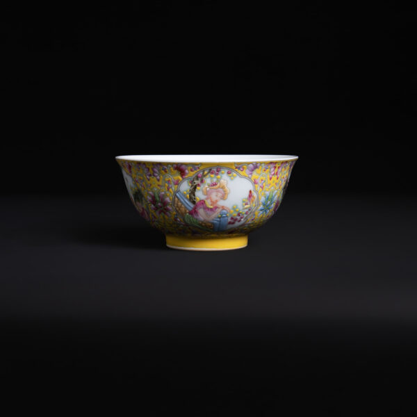 (From an Old Collection) Yellow-Ground Famille Rose Bowl with Lotus Scrolls and Western Figures in Medallions