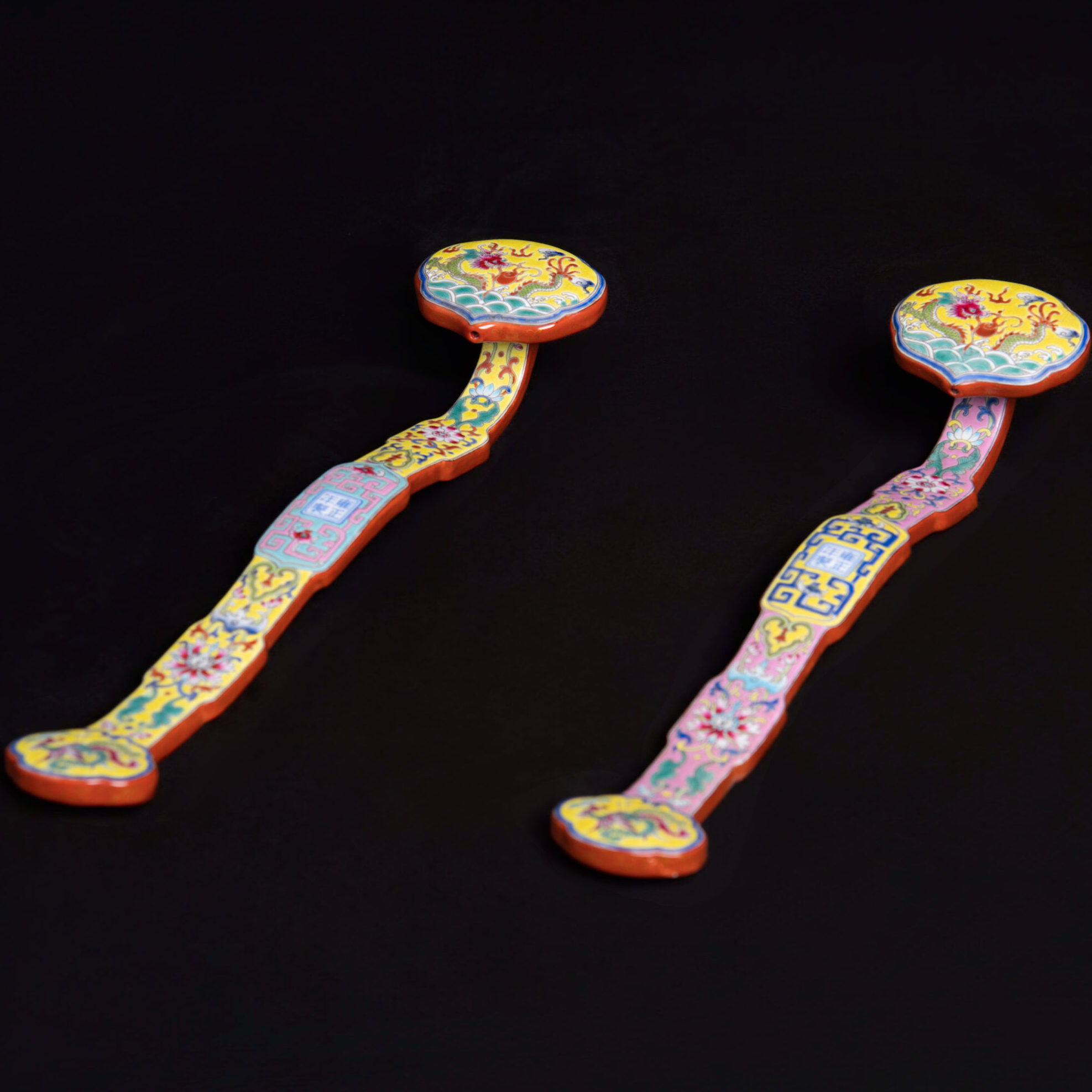 (From an Old Collection) A Pair of Porcelain Enamel-Painted Dragon and Phoenix Ruyi Scepters