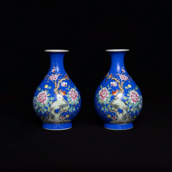 (From an Old Collection) Blue-Ground Famille Rose Vase with Floral and Bird Design