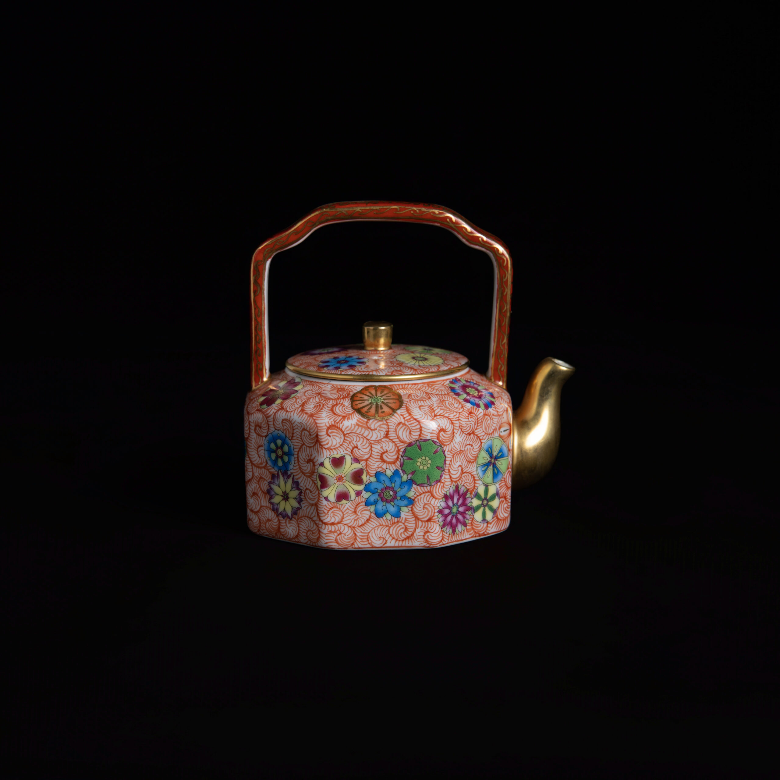 (From an Old Collection) Famille Rose Octagonal Teapot with Floral Pattern and Handle