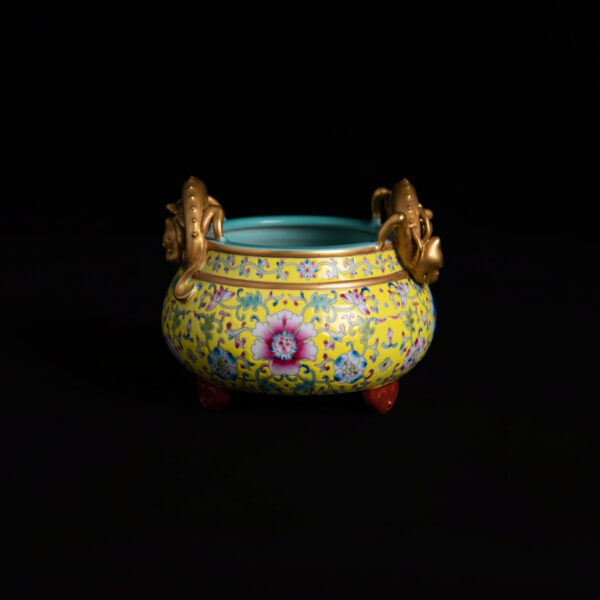 (From an Old Collection) Yellow-Ground Famille Rose Enamel Incense Burner with Gilt Dragon Handles and Three Legs