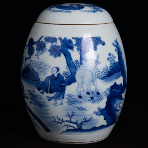 (From an Old Collection) Blue and White "The Cowherd and the Weaver Girl Meeting on the Magpie Bridge" Jar with Lotus-Pod Lid