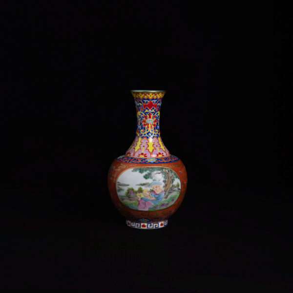 (From an Old Collection) Alum-Red Ground Famille Rose “Western Figures in Cartouches Amidst Scrolling Flowers” Appreciation Vase