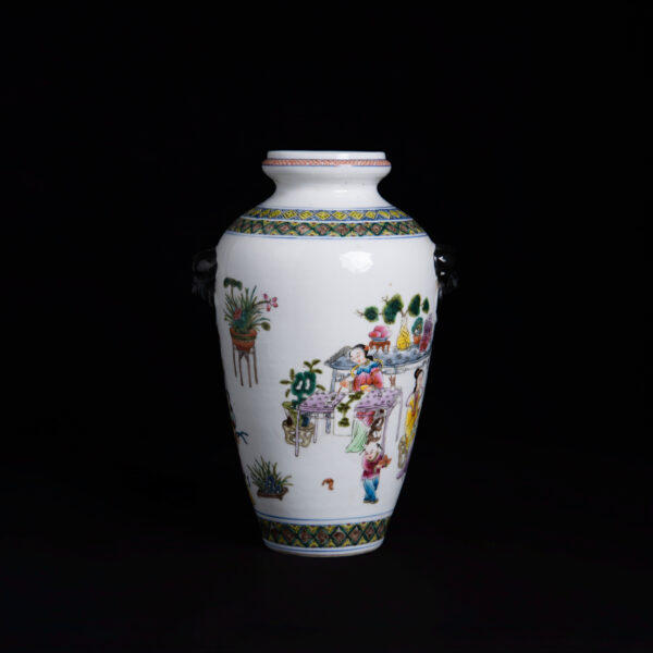 (From an Old Collection) Famille Rose "Courtyard Ladies and Children at Play" Lantern Vase with Beast-Head Handles