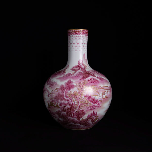 (From an Old Collection) A Long-Necked Celestial Globe Vase with Rouge-Red Enamel Landscape Decoration and Gilt Highlights