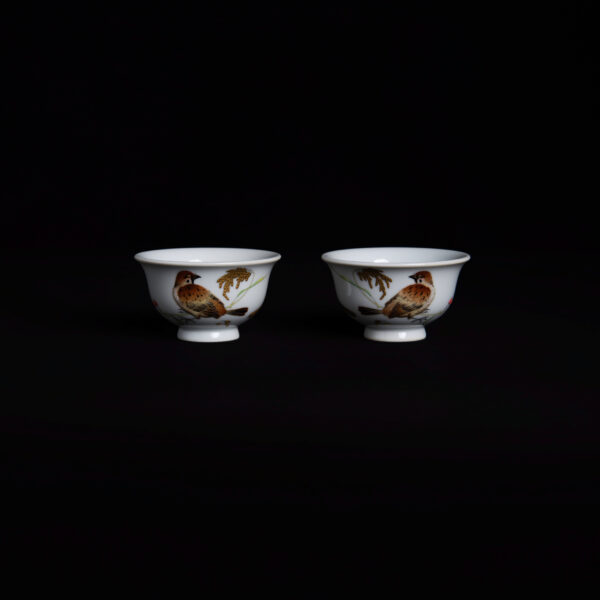 (From an Old Collection) Famille Rose Tea Bowl with Open Rim, Depicting Rice Ears and Sparrows