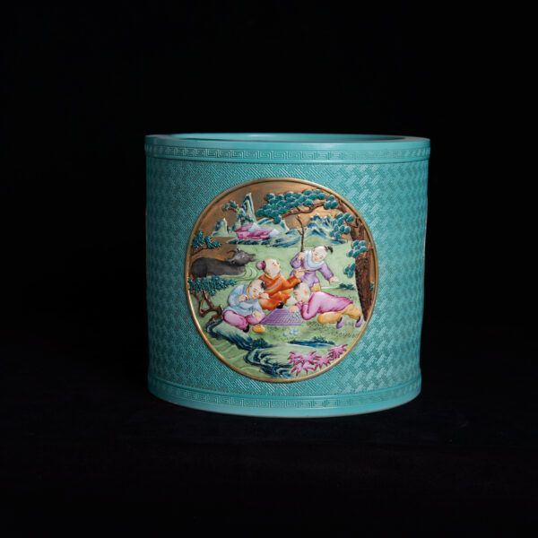 (From an Old Collection) Large Brush Pot with Turquoise Ground and Brocade Pattern, Decorated with Famille Rose Enamels Depicting Children at Play