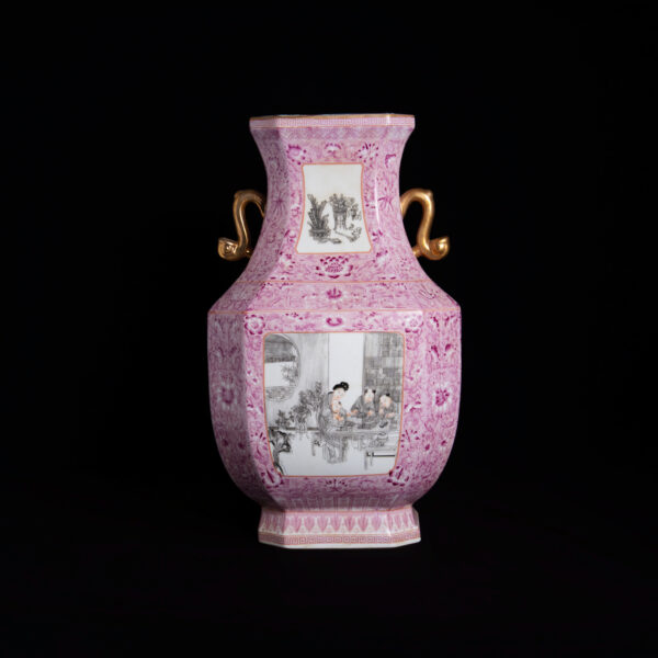 (From an Old Collection) Rouge-Ground Octagonal Vase with Gilt-Bronze Twin Handles, Featuring Cartouches of Ink-Painted Figures and Bogu Motifs