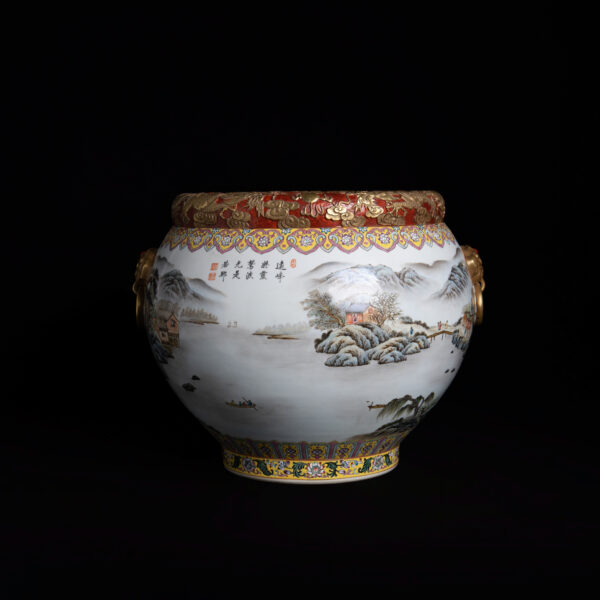 (From an Old Collection) Famille Rose Jar with Landscape Motifs, Gilt Accents, and Beast-Head Handles