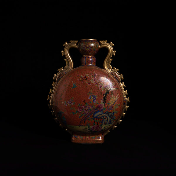 (From an Old Collection) Red-Ground Famille Rose "Moonflask" with Gilt-Painted Golden Pheasant and Floral Motifs, Flanked by Chi-Dragon Handles