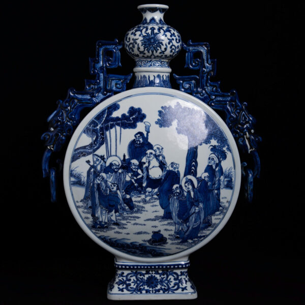 (From an Old Collection) Blue and White "Eighteen Arhats" Moon Flask with Chi-Dragon Handles