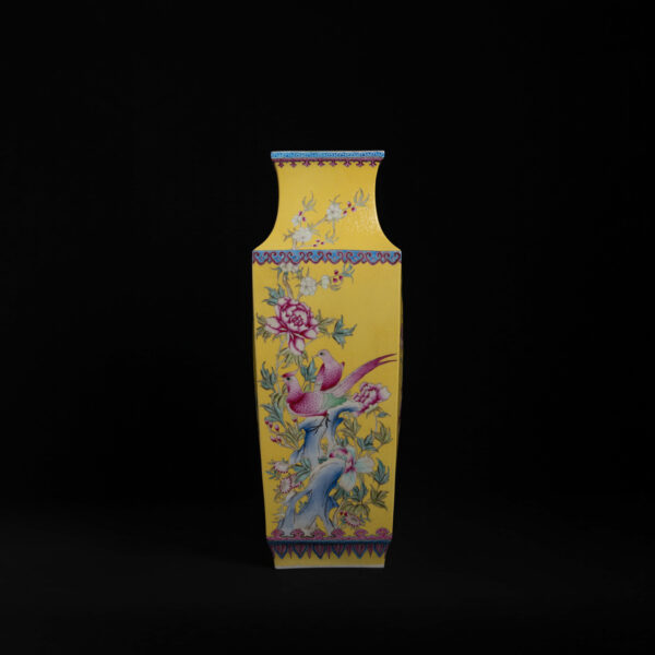 (From an Old Collection) Square Vase with Yellow Ground, Famille Rose Enamel, and Golden Pheasant & Floral-Bird Motifs