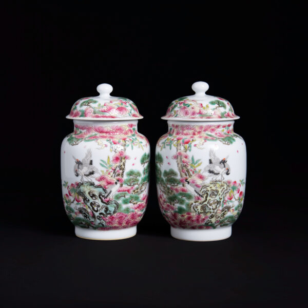 (From an Old Collection)Pink Glazed Birthday Peach with Pine and Crane Cover Jar