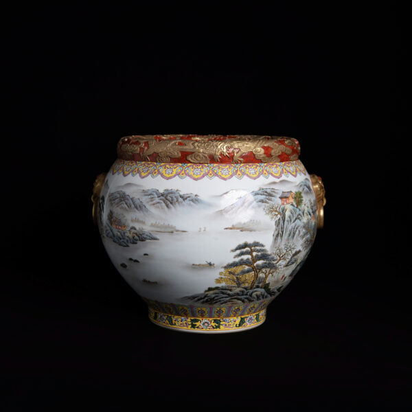 (Old Collection) Porcelain Basin with Gold-Trimmed Landscape in Pink and Blue Colors with Beast Ears