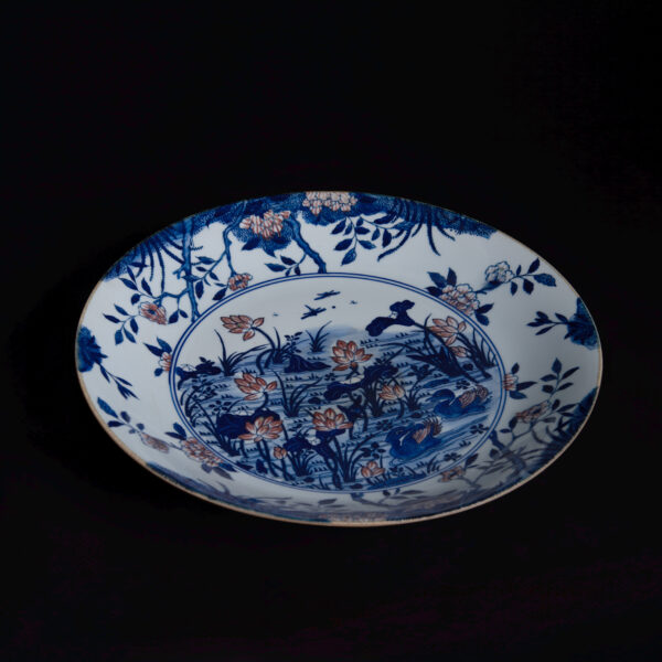 (From an Old Collection)Blue and White with Overglaze Color Lotus Pond Mandarin Duck Pattern Folded Rim Large Plate