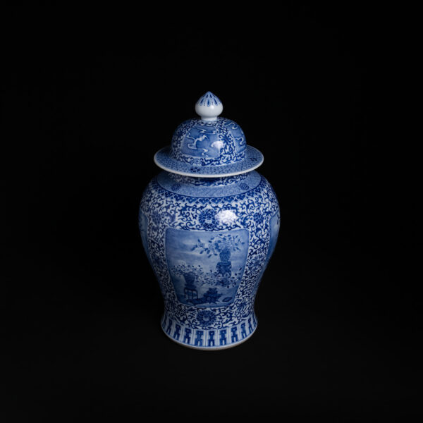 (From an Old Collection)Blue and White Patterned Scroll of Lotus Flowers on a Decorative Ground with Ancient Chinese Scenes and Covering Lid General-shaped Pot