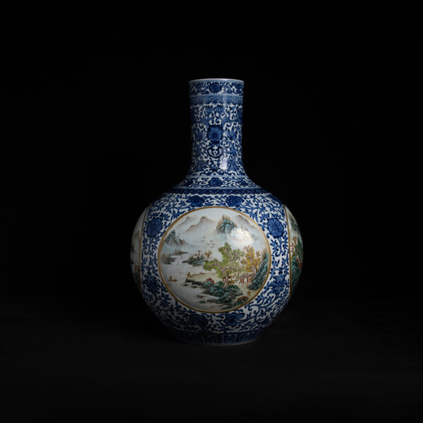 (From an Old Collection)Blue and White Decorated with Lotus Flowers and Engraved Pattern inlaid with Pink Glaze Landscape Pattern Globe-shaped Bottle