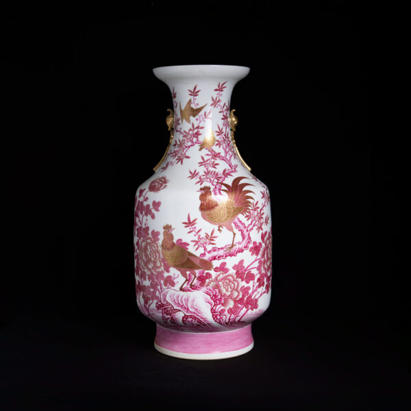 (From an Old Collection)Scarlet Red Enamel Patterned Bird and Flower Vase with Ribbon-shaped Handles