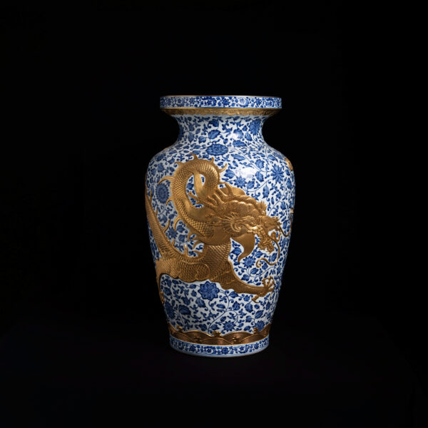 (From an Old Collection)Blue and White Patterned Scroll-Leaf Lotus Flower Engraved Gold Plated Dragon Patterned Large Bottle