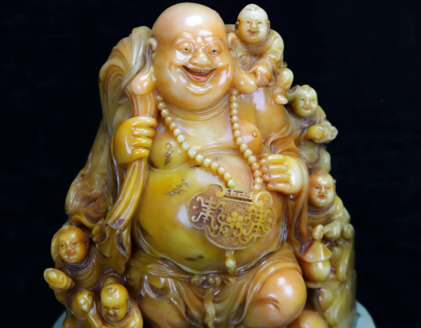 Terracotta White Jade Carved Figurine of Child Playing with Buddha Statue