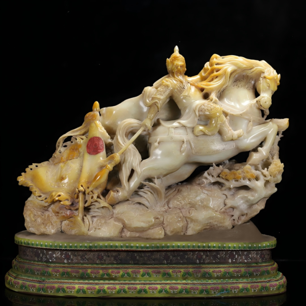 Tianhuang stone white-colored piece featuring the beauty of Bai Tan, carved with the figures of the Yang family's heroes.