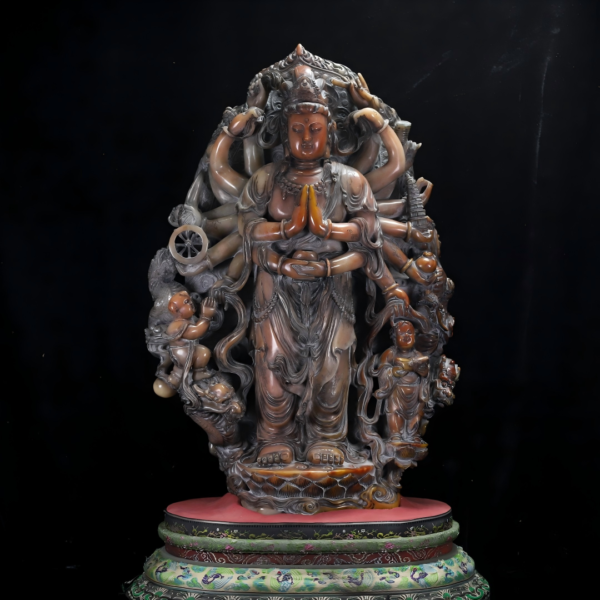 Colorful and exquisite multi-handed,guanyin figurine made of Shoushan stone, featuring the "General's Cave" pattern.