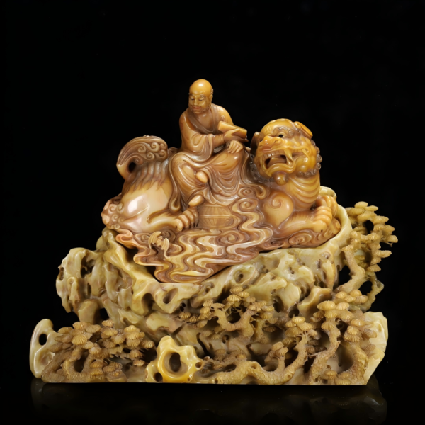 Tianhuang stone figure of a monk performing a lion dance and playing a flute