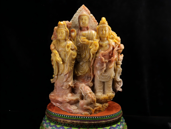 Tai Huang stone red-colored Tai Huang exquisite carving of nine dragons, Western Three Saints set piece