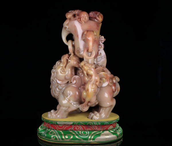 Shoushan stone red, white, and yellow fields beautifully carved letter-shaped animal duo with dragons playing with pearls set piece