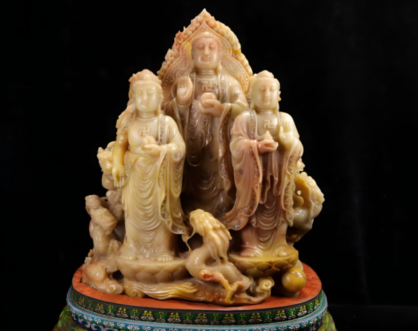 Tai Huang stone, red and lustrous, exquisite carving of five dragons and the three immortals of the west.
